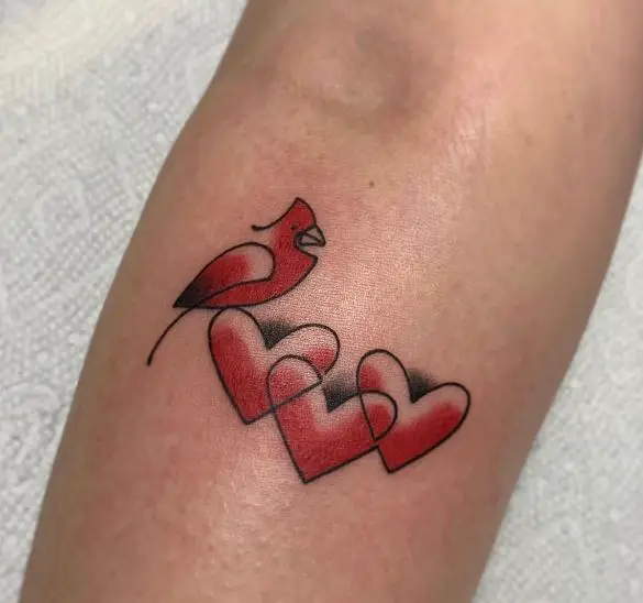 Three Red Hearts and Red Cardinal Forearm Tattoo