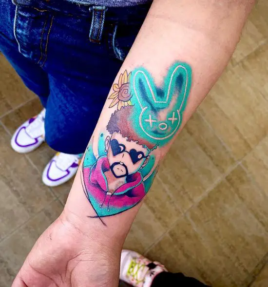 Colorful Bad Bunny with Bunny Doll Forearm Tattoo