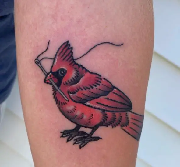 Sewing Needle and Colorful Cardinal Forearm Tattoo