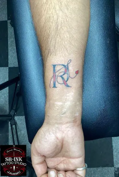Colored Initial Letters RS with Heart Forearm Tattoo