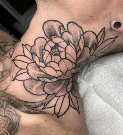 Black and Grey Peony Flower Side Neck Tattoo