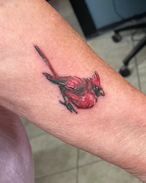 Minimalistic Colorful Cardinal Forearm Tattoo
