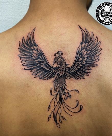Black and Grey Phoenix Back Tattoo