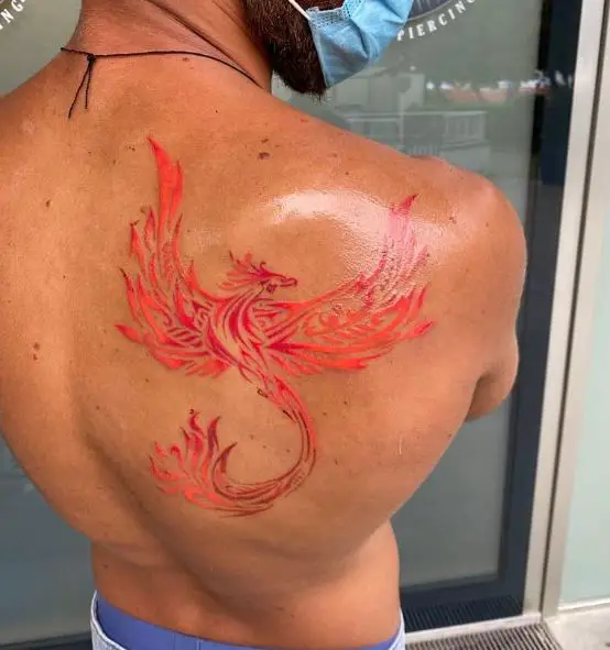 Red Burning Phoenix Back Tattoo