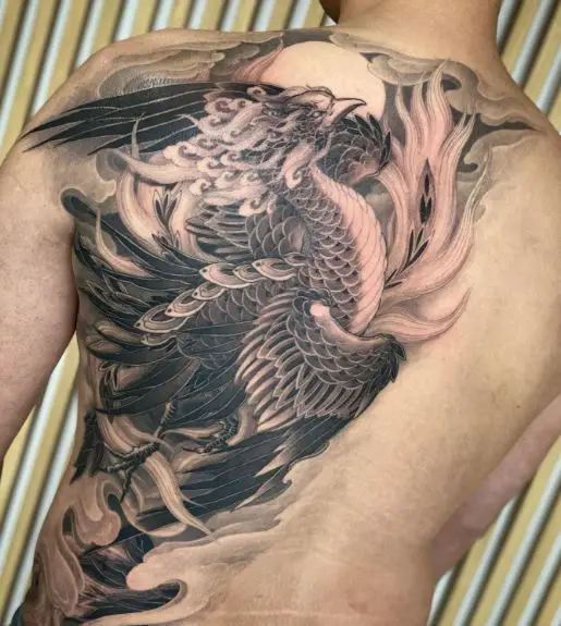 Moon and Phoenix Back Tattoo
