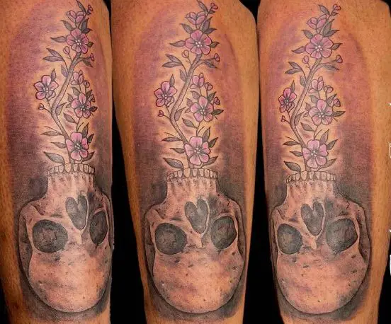 Colored Skull and Flowers Leg Tattoo