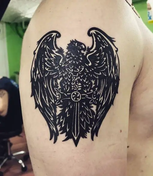 Black German Eagle with Sword Shoulder Tattoo