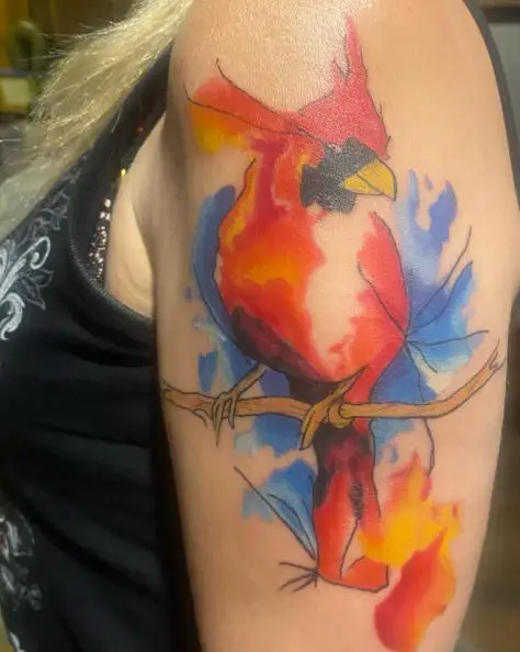Colorful Cardinal on Branch Arm Tattoo