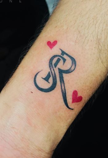 Shaded Initial Letters SR with Hearts Forearm Tattoo