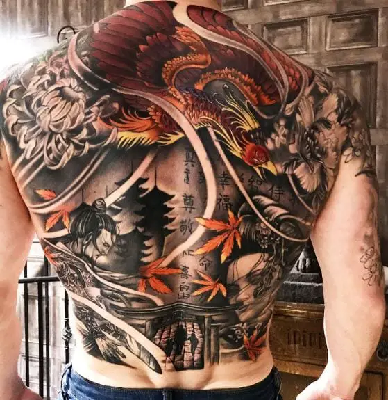 Samurai, Geisha and Colored Phoenix Full Back Tattoo