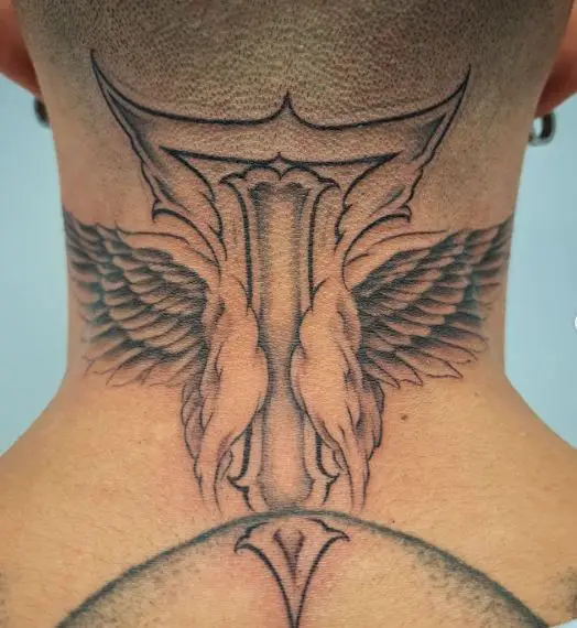 Black and Grey Angel Wings Back Neck Tattoo