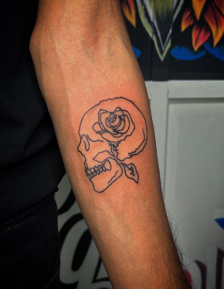 Sketched Skull with Rose Forearm Tattoo