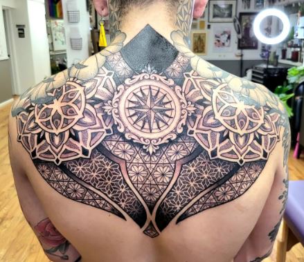 Compass and Mandala Back and Back Neck Tattoo