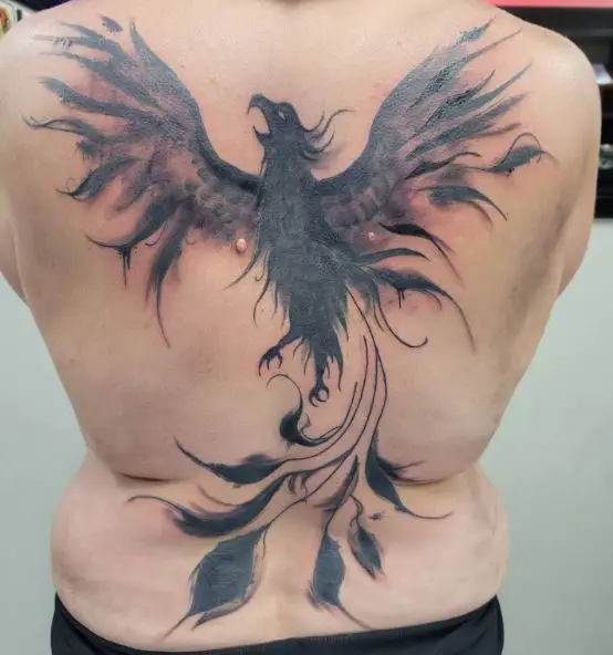 Black Shaded Phoenix Back Tattoo