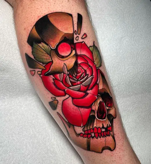Colorful Rose and Skull Leg Tattoo