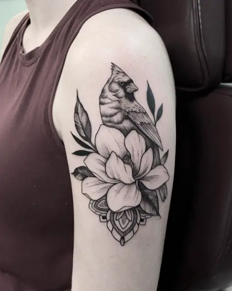 Black and Grey Flower and Cardinal Arm Tattoo