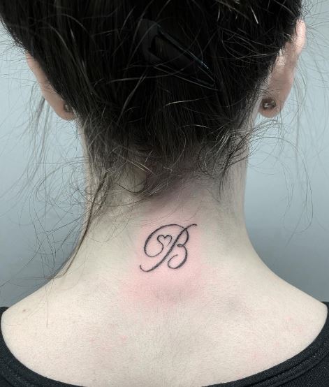 Calligraphic Initial Letter B with Heart Neck Tattoo