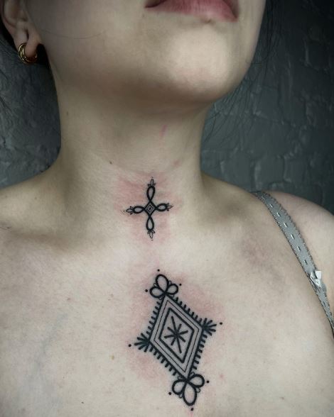 Black Ornaments Chest and Neck Tattoo