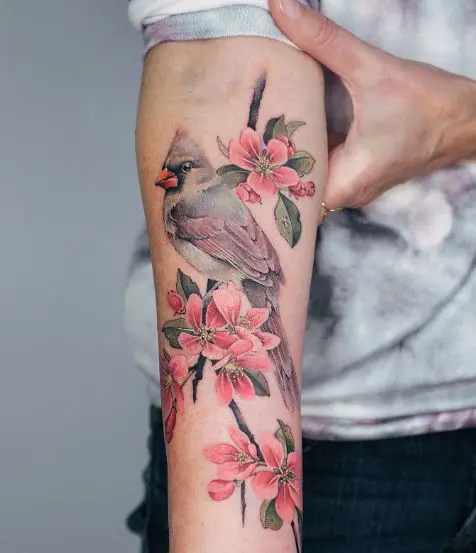 Colorful Flowers and Cardinal Forearm Tattoo