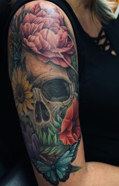 Colorful Skull with Flowers and Butterfly Arm Sleeve Tattoo