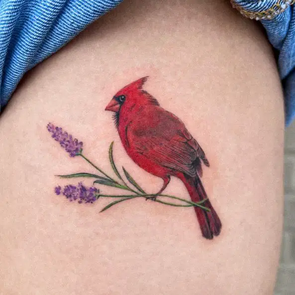 Colorful Lavender and Cardinal Thigh Tattoo