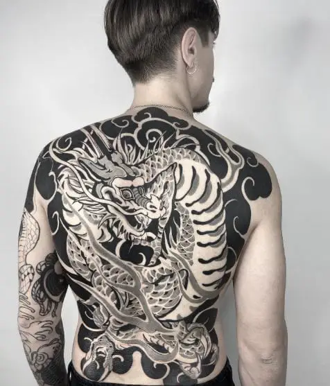 Black and Grey Dragon Full Back Tattoo