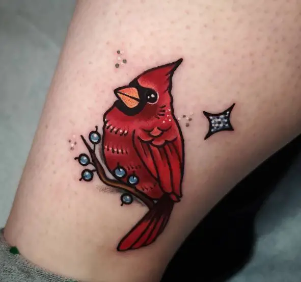 Colorful Winterberry and Cardinal Leg Tattoo