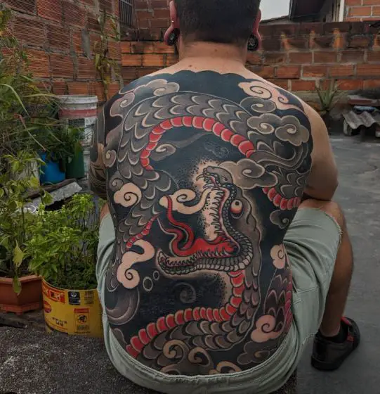 Black and Red Dragon Full Back Tattoo