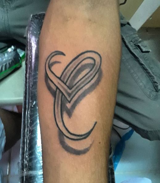 Grey Shaded Initial Letter with Heart Forearm Tattoo