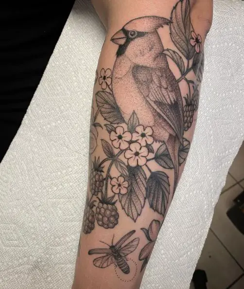 Black and Grey Flowers and Cardinal Forearm Tattoo