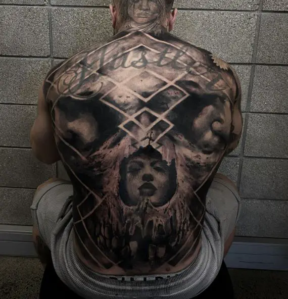 Symmetrical Girl Face and Skull Full Back Tattoo