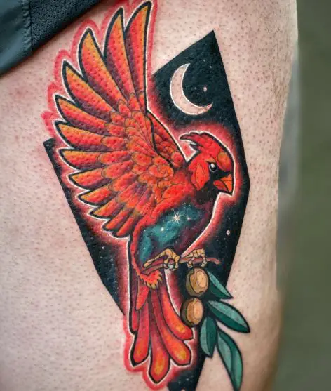 Night Sky and Colorful Cardinal Thigh Tattoo