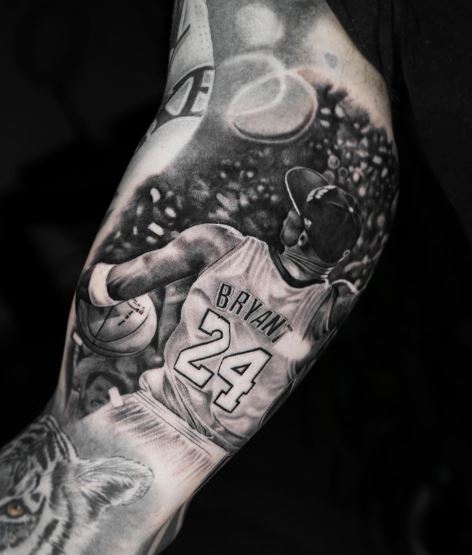 Black and Grey Kobe in Jersey No. 24 Arm Tattoo