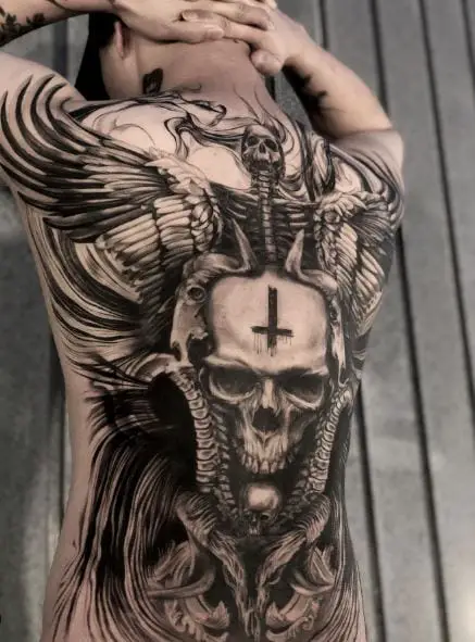 Skeleton with Wings and Skulls Full Back Tattoo