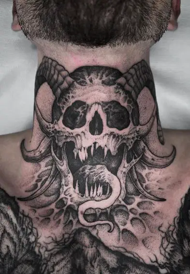 Black and Grey Skull with Horns Throat Tattoo