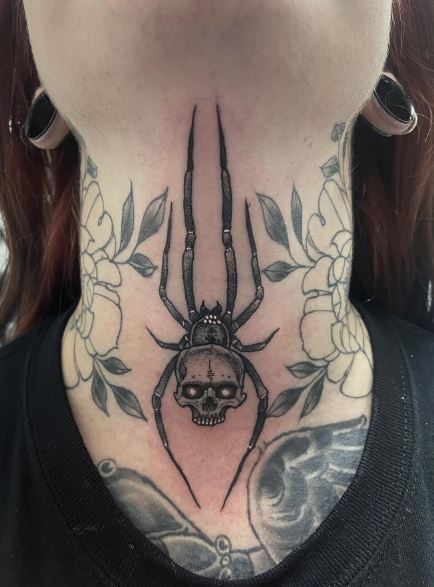 Floral Spider and Skull Throat Tattoo