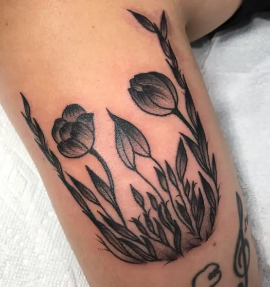 Black and Grey Floral Skull Leg Tattoo