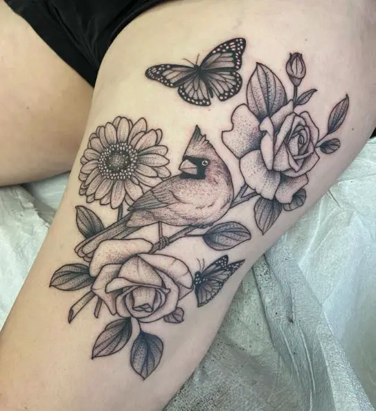 Black and Grey Flowers, Butterfly and Cardinal Thigh Tattoo