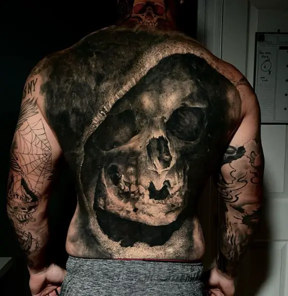 Black and Grey Skull with Hoodie Full Back Tattoo