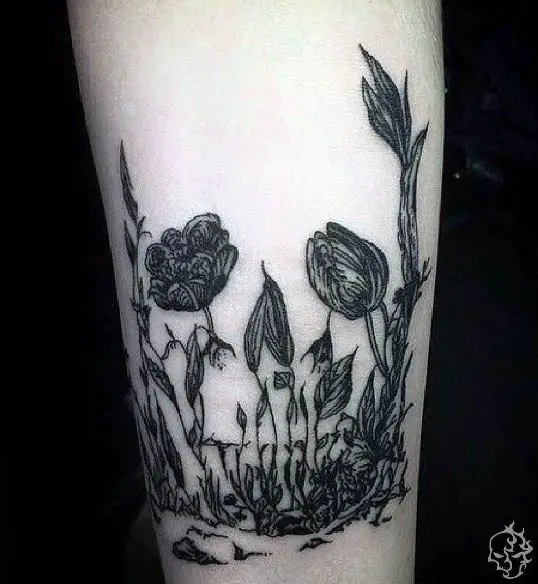 Black and Grey Floral Skull Tattoo