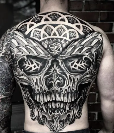 Symmetrical Ornamented Skull Full Back Tattoo