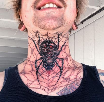 Spider and Skull with Red Eyes Throat Tattoo