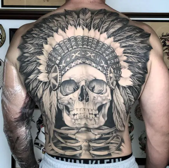 Black and Grey Skull with Indian Feathers Back Tattoo