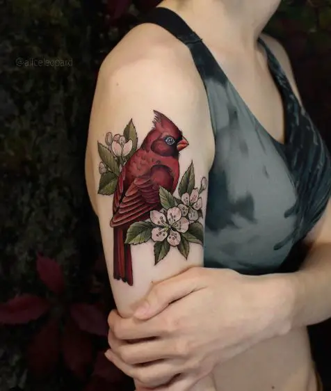 Colorful Flowers and Cardinal Arm Tattoo
