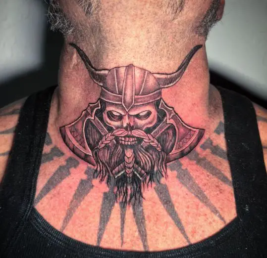 Skull with Viking Helmet Throat Tattoo