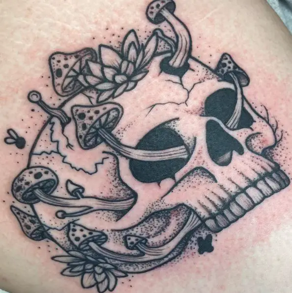 Black and Grey Skull with Mushrooms Tattoo