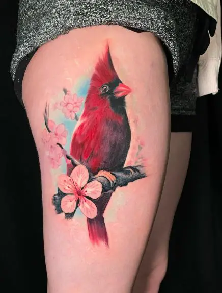 Flower and Cardinal on Branch Thigh Tattoo