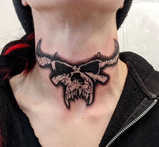 Black and White Skull with Horns Throat Tattoo