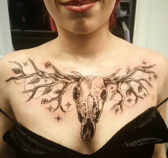 Floral Deer Skull Chest Tattoo