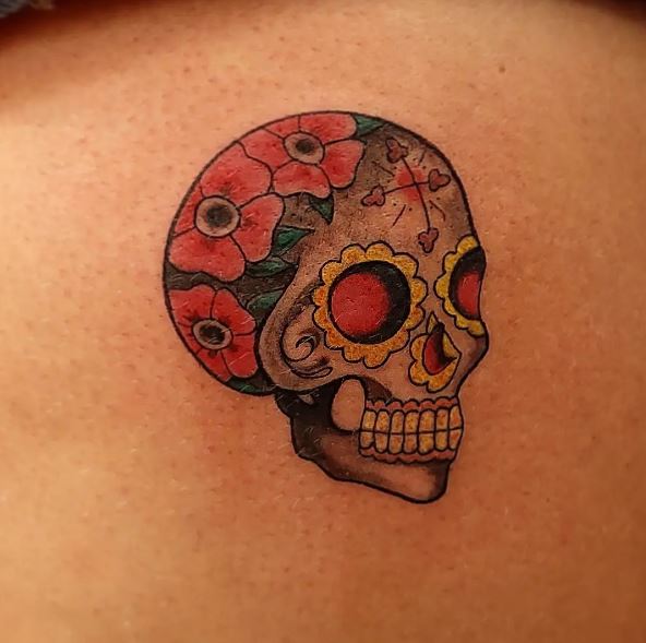 Colorful Sugar Skull Back Tattoo